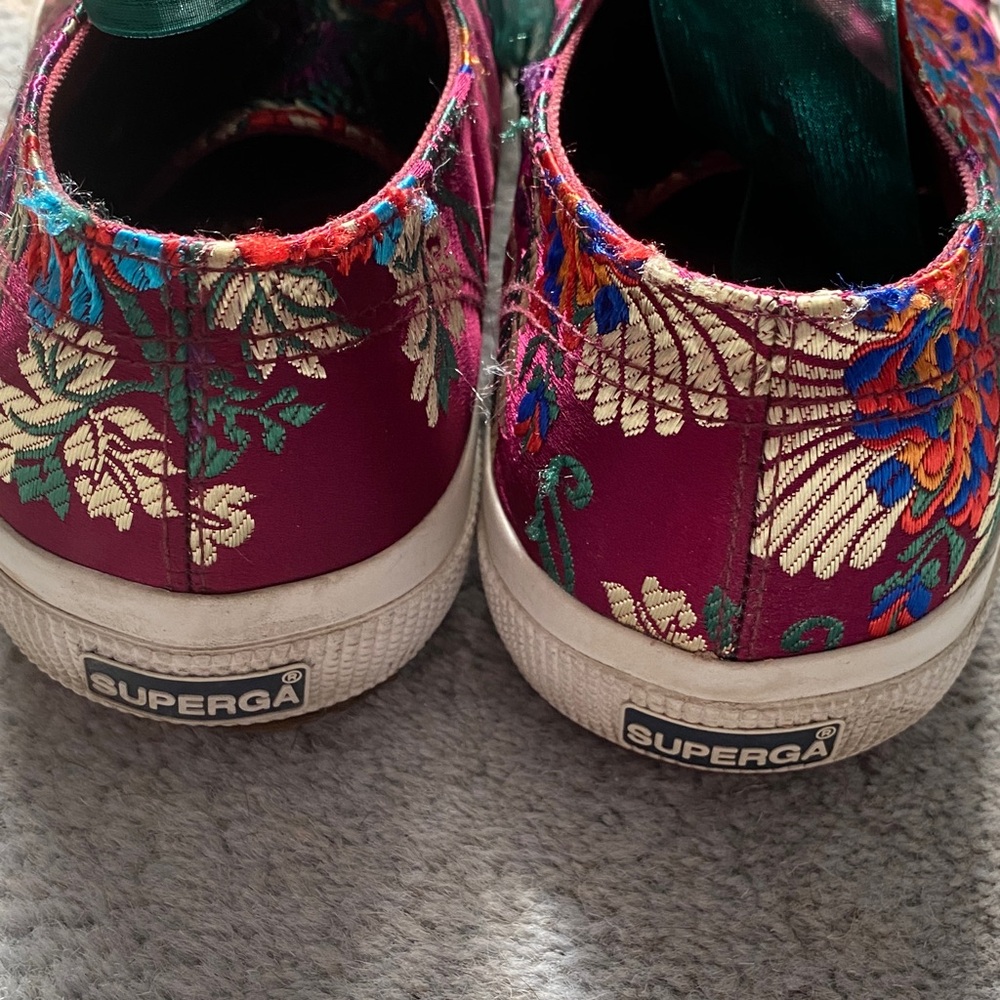 Superga Floral Satin Low-Top Sneakers with Teal Ribbon Laces. - Picture 6 of 16
